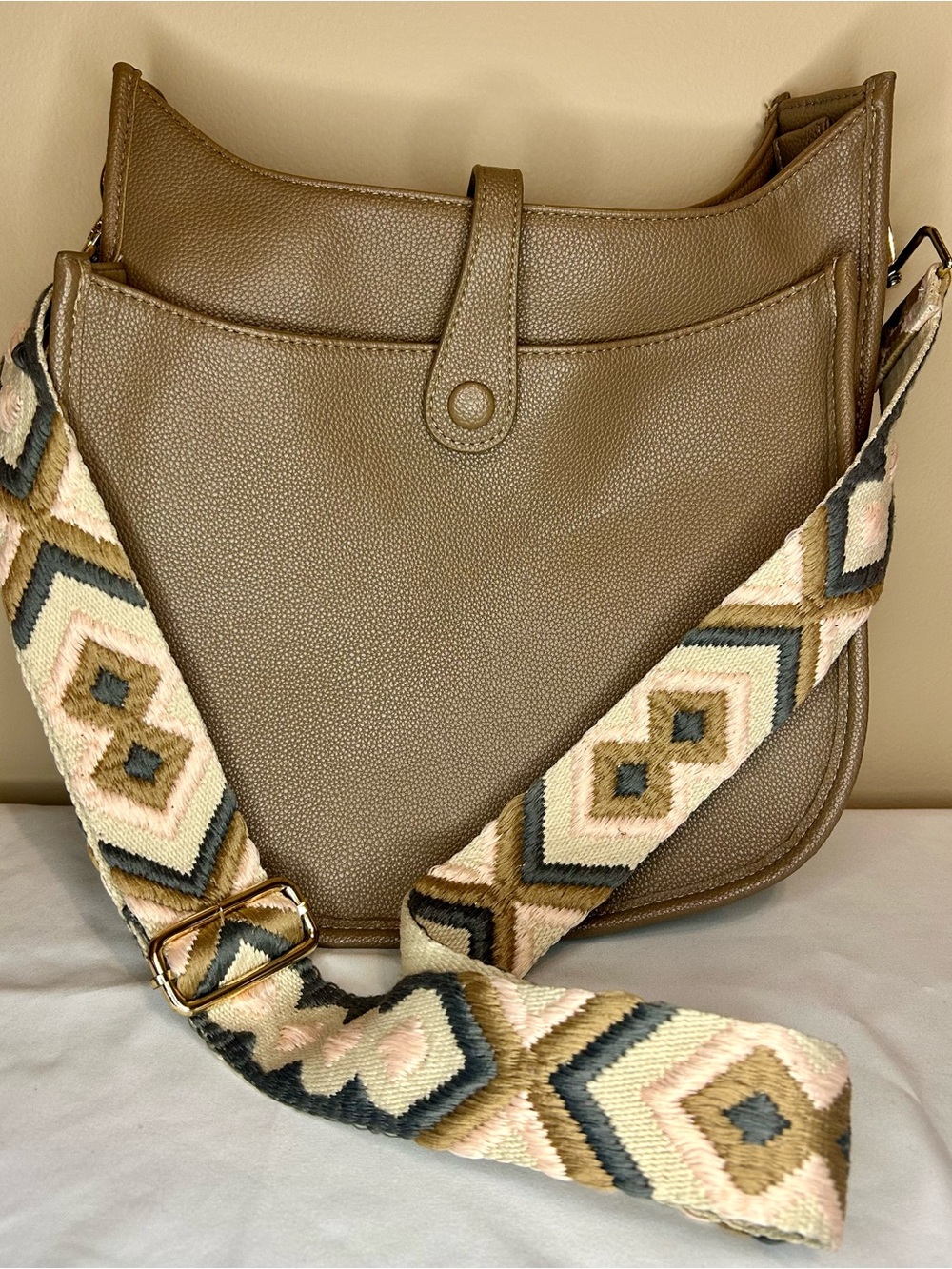 Women's Taupe Crossbody Bag with Patterned Woven Strap